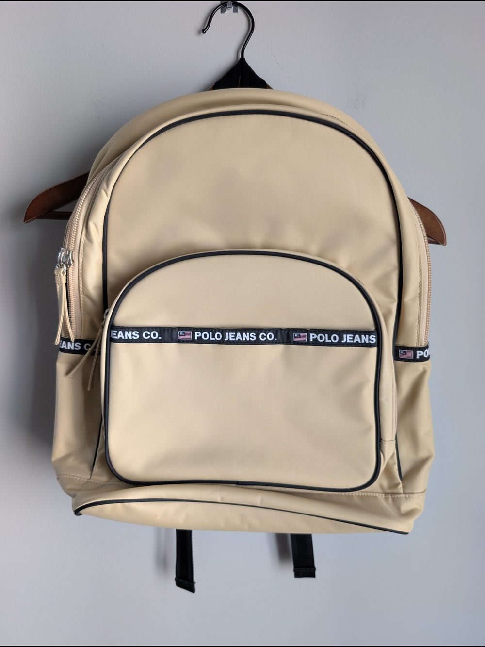 VTG Polo Ralph Lauren Jeans Co Backpack Beige Tan School Bookbag Spellout Rare